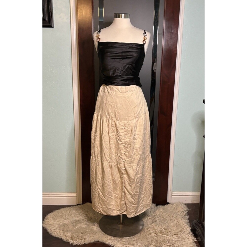New Midnight Sky Linen Blend Maxi Skirt Cream Beige Size L - XL
